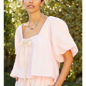 Sancia Anthropologie Light Pink Puff Sleeve Square Neck Top. Size Large